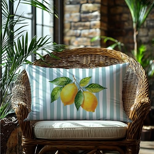 Image of Dusty Mint and Yellow Summer Italian Mediterranean Amalfi Coast Lemon Pillow Cover Decor 12x20,Italian Striped Decorative Throw Pillow Cover Decor for Couch Double-Sided