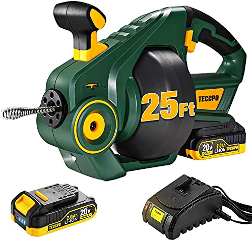 TECCPO Drain Auger, Automatic Plumbing Snake, 25Ft(7.6m), 20-Volt Li-Ion, Perfect Cordless Drain Clog Remover, Power Tool for 3 4  to 2  Pipes, Replaceable Flexible Shaft
