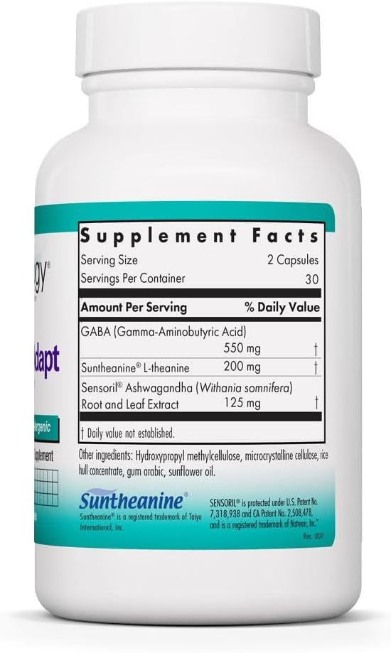 NutriCology ZenMind Adapt - 200 mg L-Theanine, 125 mg Ashwagandha & 550 mg GABA - Supports Stress Response and Calmness - Vegetarian Capsules - Hypoallergenic Formula - 30 Servings - 60 Capsules