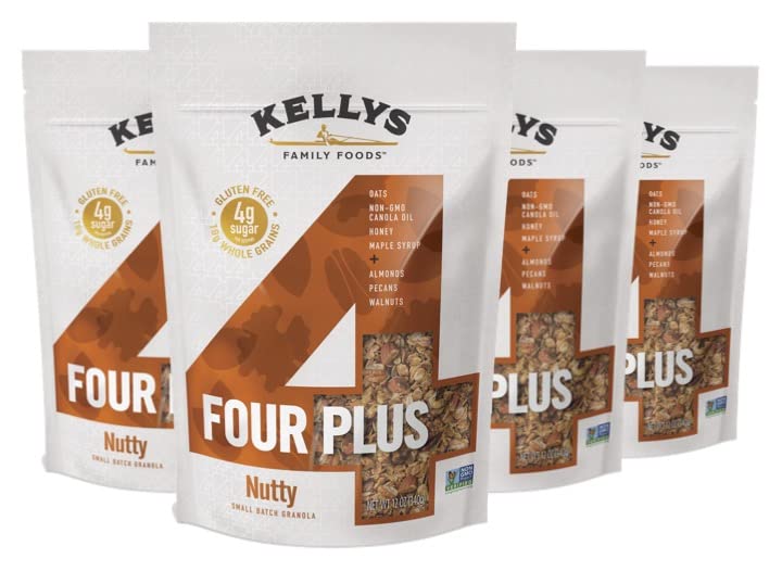 Kellys Four Plus Granola Cereal | Nutty Granola for Yogurt | Hand Made Snacks for Breakfast - 12 oz (Pack of 4)