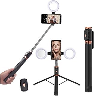 عصا سيلفي ثلاثية القوائم مع جهاز تحكم عن بعد لاسلكي مع حلقة إضاءة ليد مزدوجة وجهاز تحكم عن بعد لموبايل ايفون وسامسونج حامل موبايل محمول وقابل للطي مثالي للسفر، لون أسود