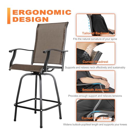 NUU GARDEN 4 PCS Outdoor Patio Swivel Bar Stools with Back, All-Weather Textilene Bar Height Patio Chairs Outside, Black&Brown - Thumbnail 5