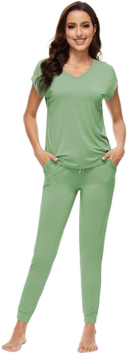 WiWi Lightweight Pajamas Sets for Women Short Sleeve Top with Long Jogger Pants Sleepwear Set Lounge Pjs S-XXL