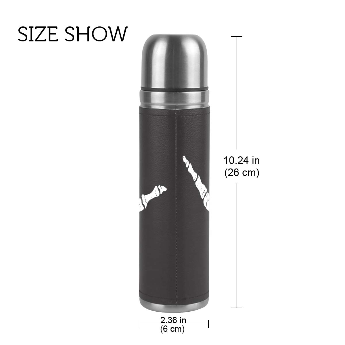Mug de voyage isotherme en acier inoxydable à double paroi étanche Bouteille Shaka Main Squelette Imprimé Personnalisé Thermos en cuir véritable 500 ml