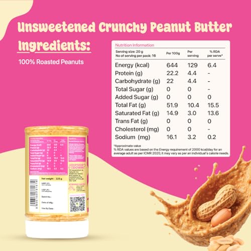 Image of Asmita Organic Farms Crunchy Peanut Butter Unsweetened 325g | Made with Roasted Peanuts | No Added Sugars or Salt | High Protein Spread | Cholesterol & Trans Fat Free | Healthy Breakfast Spread