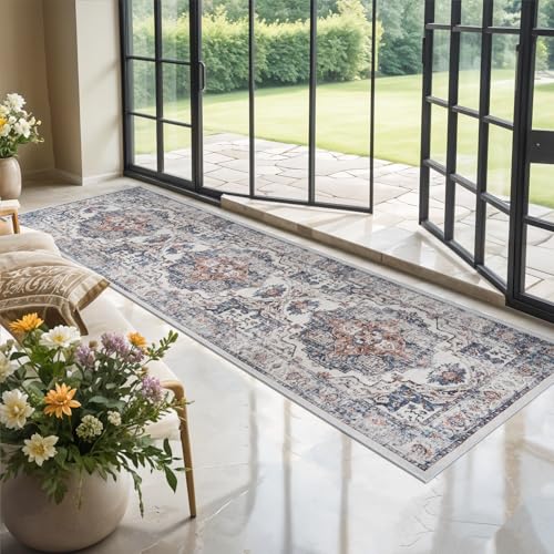 Hallway Washable Runner Rug - 3x10 Kitchen Rugs Entryway Rug Runner Vintage Soft Floor Mat Non Slip Indoor Farmhouse Carpet for Bathroom Living Room Bedroom (3 X 10, Brick)