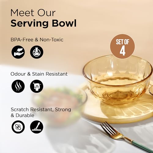 Image of The Better Home Set of 4 Borosilicate Glass Bowls | 420 ml Each | Microwave Safe | Scratch Resistant | Serving & Mixing Bowls for Kitchen | Round | Transparent | Amber