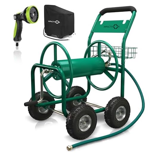 IMPACTHOR Garden Hose Reel Cart - 4 Wheels Heavy Duty Hose Cart, Nozzle & Waterproof Cover Cart Included - Holds up to 250 Feet 5/8 Inch Hose