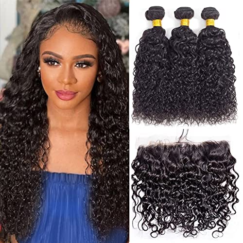 Brazilian Human Hair Water Wave 3 Bundles(100-105g) With Frontal 100% Unprocessed Virgin Hair Ear to Ear 13x4 HD Free Part Lace Frontal Closure With Bundles Natural Color (14 16 18+14)