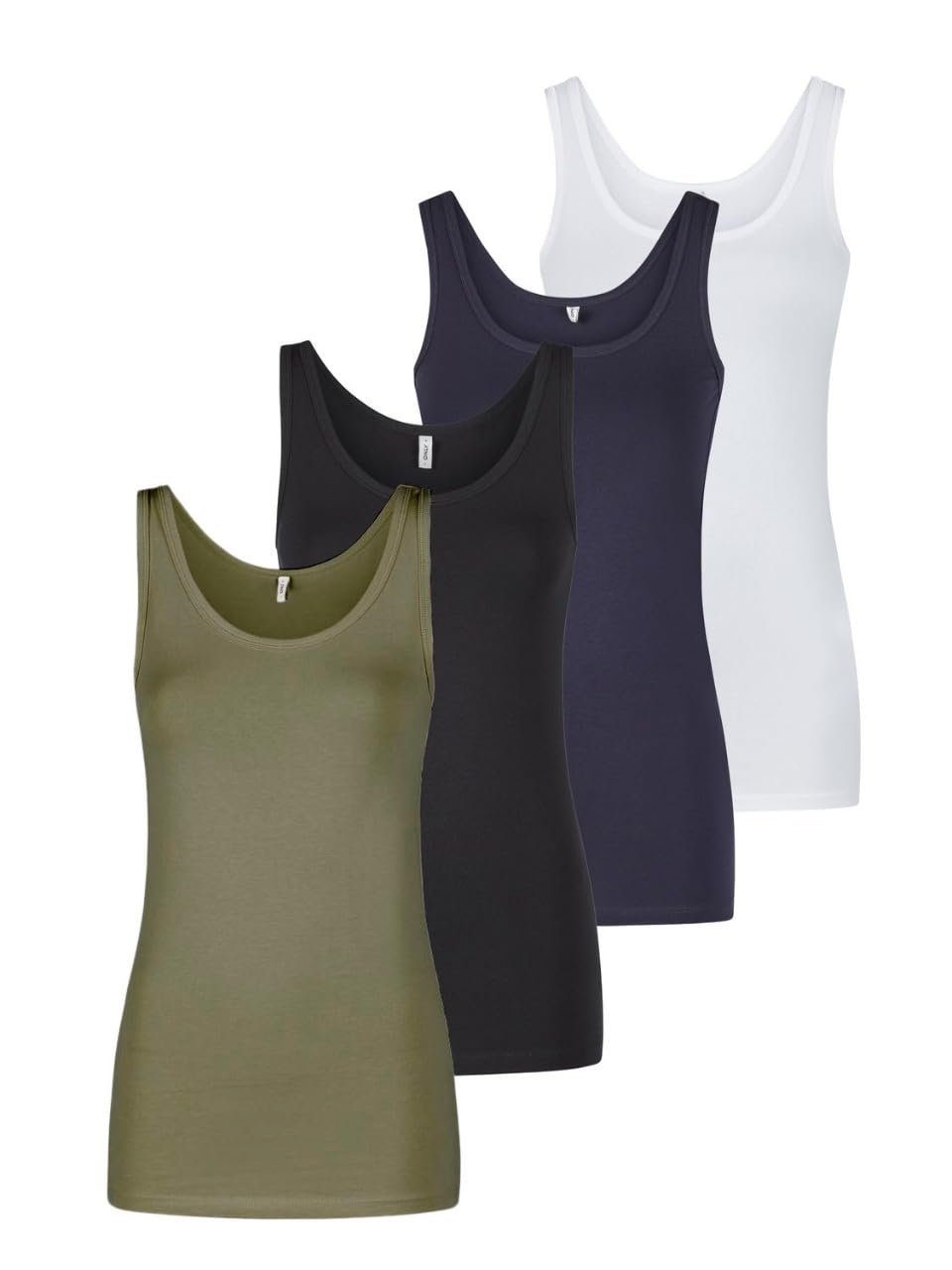 ONLY Tank Top Damen Baumwolle Stretch Slim Fit Onllive LUV 4er Pack Set Basic Shirt Rundhals Trägershirt Ärmellos Oberteile Einfarbig Schwarz Weiß Beige Rot Grün Blau Navy S M L XL XXL