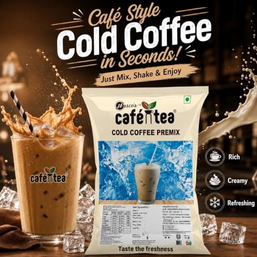 Image of Cafe N Tea Cold Coffee Premix Powder 1kg (Pack of 2 x 500g) Instant Drink Mix Cafe Style Iced Coffee Rich Creamy Easy to Make Makes 40 Glasses