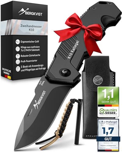 BERGKVIST® K10 Klappmesser (Zweihandmesser) - scharfes Taschenmesser für Outdoor & Survival mit Feuerstahl & Tasche - Mitführen in Deutschland erlaubt - Vollmetall BERGKVIST® K10 Klappmesser (Zweihandmesser) - scharfes Taschenmesser für Outdoor & Survival mit Feuerstahl & Tasche - Mitführen in Deutschland erlaubt - Vollmetall