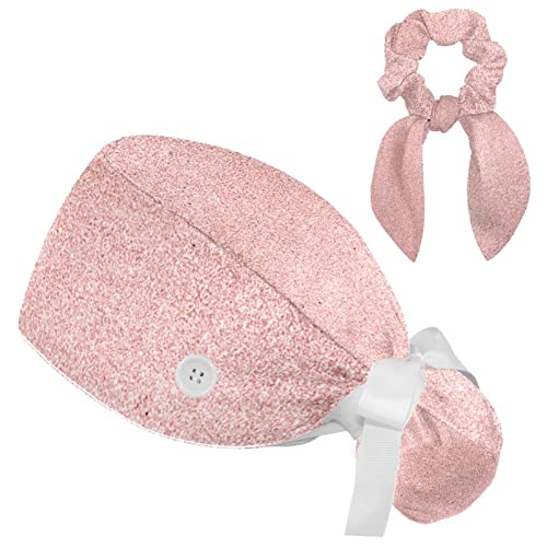 Pink Blush Glitter Scrub Cap, Adjustable Working Cap with Button, Bouffant Caps with Bow Hair Scrunchy