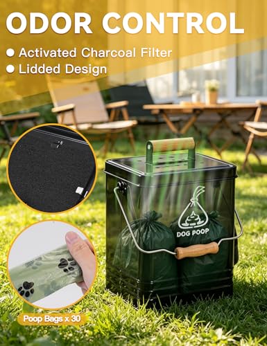 Image of Dog Poop Trash Can Outside, Metal Pet Waste Trash Can with Lid & Handle, 5L /1.3Gal Dog Waste Station with Bag Holder & 30 Bags(Black)