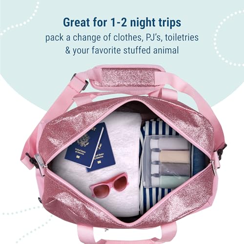 Image of Wildkin Kids Overnighter Duffel Bag - Carry-On Travel Bag for School & Sleepovers, Lightweight, Durable, Boys & Girls Ages 4-15 - Pink Glitter