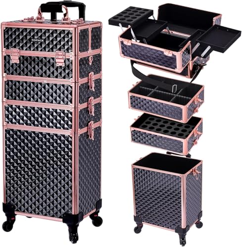 Image of TOPACK Professional 4-In-1 Rolling Makeup Train Case, Large Makeup Travel Case with Key Shoulder Strap /Handle Cushion I Makeup Train Case I Makeup Nail Cart I Cosmetology Case on Wheels(Black Glod)