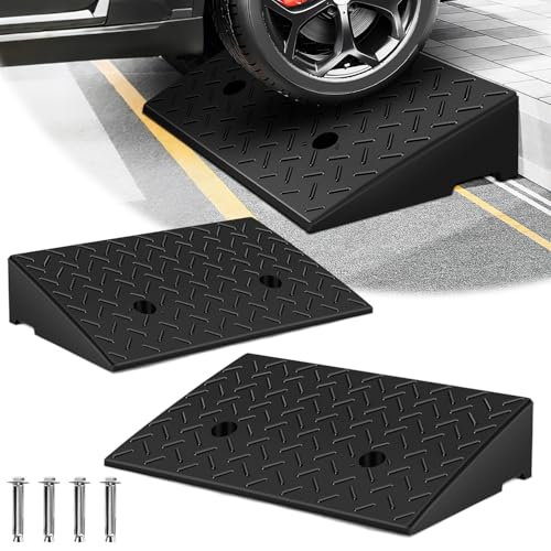 ISOISL 2 Stück Bordsteinrampe Gummi 10cm Hoch rutschfeste Rampen für Bordsteine Rollstuhl Auto Auffahrrampe Türschwellenrampe mit Entwässerung inkl. Montageset (49x30x11 cm)