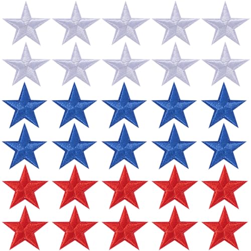PAGOW 30 Pcs Star Iron on Patch 1 Inch Sew on Star Embroidered Patches Iron on Patches Embellishments for Clothes Hats Jackets Backpacks Star Decor Appliques Decoration (Red+White+Blue 1)