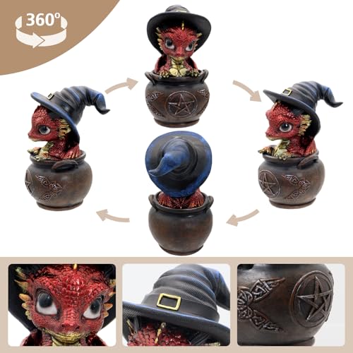 Fantasy Red Dragon Statue with Witch Hat, Mini Resin Dragon Figurine - Image 5