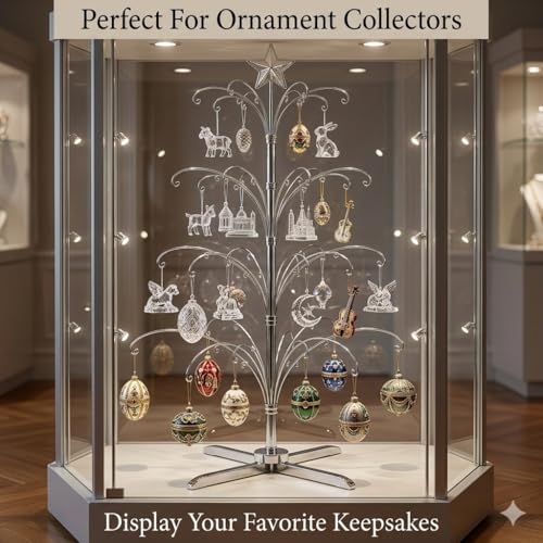 Árbol de exhibición de adornos HOHIYA giratorio de metal plateado de 74 pulgadas con 90 ganchos 8