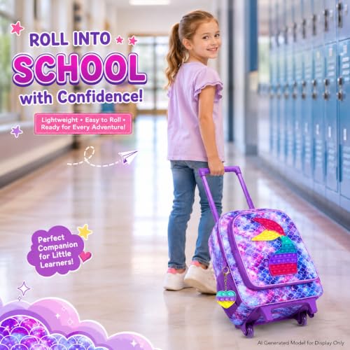Image of Rolling Backpack for Girls and Boys,Unicorn Mermaid Dinosaur Roller Backpacks Set with Wheels for Kids, Fish Rolling Purple, One Size, Fish Rolling Purple