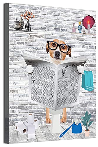 MKHFUW Divertido Arte de Pared de Baño Animales Divertidos Leyendo Periódicos en el Inodoro Lienzo Póster para Inodoro Baño Animales Obra de Arte Sin Marco (Perro, 30 x 40 cm)