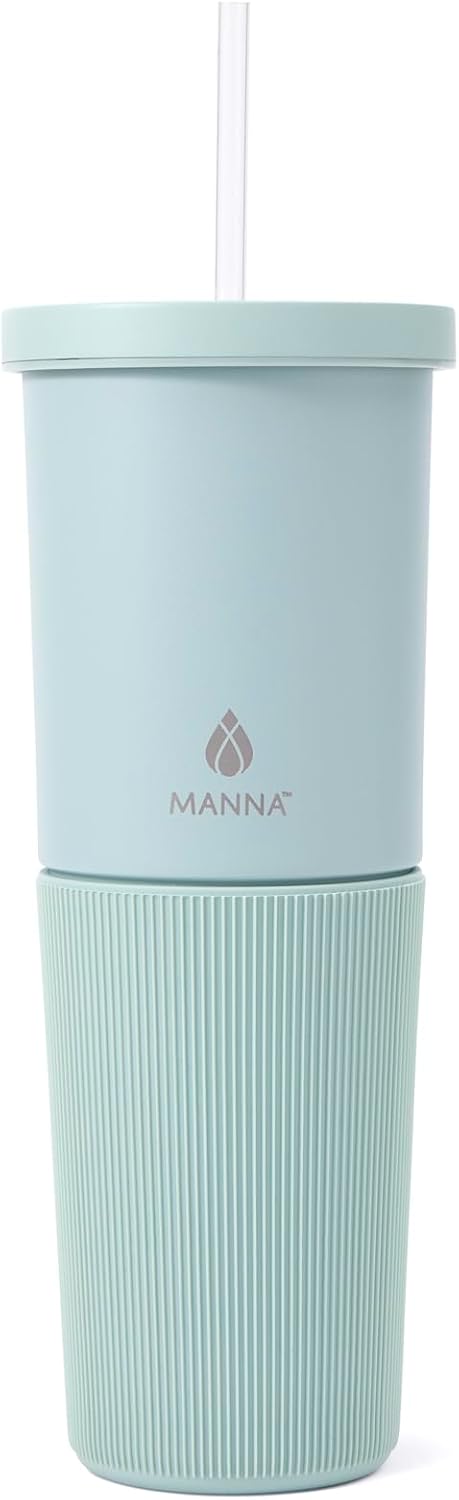 Manna Tribeca Double-wall Vacuum Insulated Stainless Steel Tumbler with Splash-proof Lid, Reusable Tritan Straw, and Silicone Sleeve - 32 Oz - Sterling Powder Coat