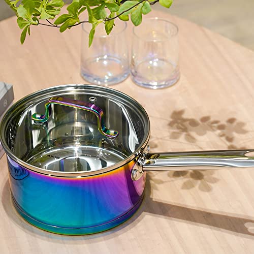 AKIS Dazzling Regenbogen Edelstahl 6 teilig Pfanne Topfset 1 Kochtopf, 1 Pfanne, 1 Stieltopf mit 3 Glasdeckel Induktionsgeeignet – Bild 4