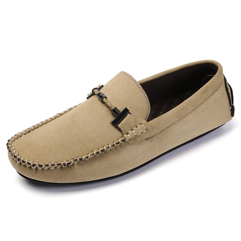 Mens Loafers Suede Vamp Round Toe Driving Shoes Resistant Flat Heel Comfortable Prom Slip On(Khaki,10)3