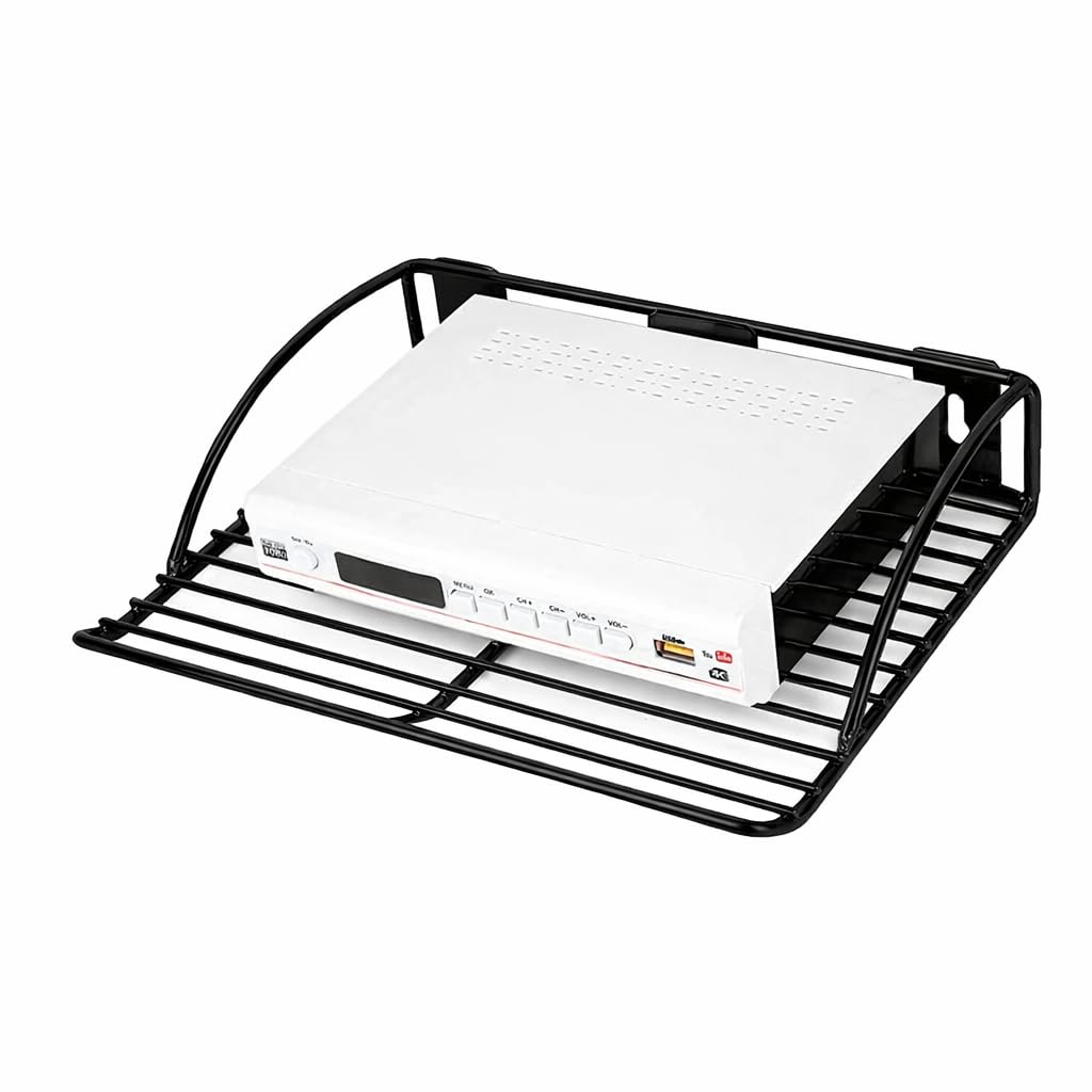 premium stainless steel setup box stand, black wifi router holder steel wall shelves, setup box for home, stylish tv cabinet living room furniturewall shelf rack, router wall mount (black-1)