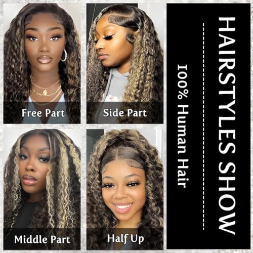 Image of bangjazz 32 Inch 13x4 HD Lace Front Wigs Human Hair 180% Density 1b /27 Balayage Deep Wave Lace Frontal Wigs Blonde with Black Colored Ombre Wig Human Hair Pre Plucked for Black Women Glueless Wig