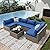 CARPETNAL 7 Pieces Patio Furniture Sets, Outdoor All-Weather Sectional Patio Sofa Set PE Rattan Manual Weaving Wicker Patio Conversation Set with Glass Table&Thick Cushions and Pillows, Blue.