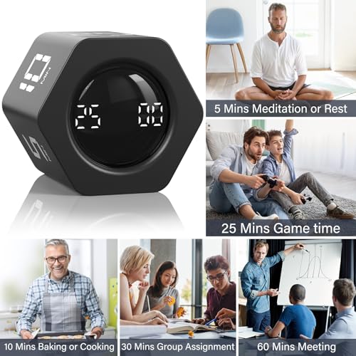 Rotating Pomodoro Timer 5, 25, 10 30,60 Mins Preset Stopwatch, Desk Flip ProductivityTimer, ADHD Tool Hexagon, Vibration/Mute/Alarm, for Work, Study, Back to School, Kitchen, Black - Image 8