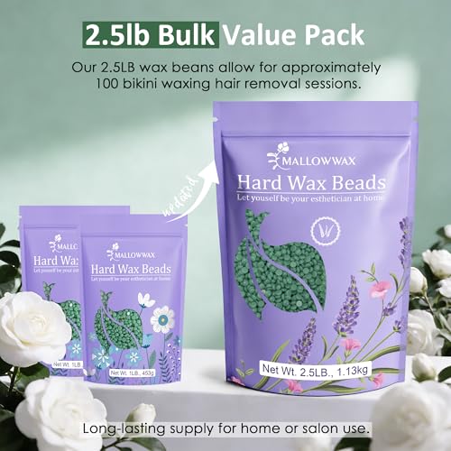 Image of Mallowwax Hard Wax Beads - Wax for Sensitive Skin Hair Removal - 2.5lb Tea Tree Wax Beads for Face, Underarms, Bikini, Legs