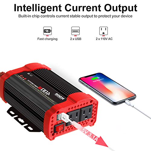 400W Car Power Inverter, DC 12V to 110V AC Converter with 2 Charger Outlets and Dual 3.1A USB Ports Cigarette Lighter Socket Adapter