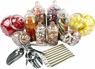 Sweet Candy Buffet Pick & Mix Jars - Set of 10 Mixed Jars with Victorian Bobble Lids, 2 x Metal Tongs, Scoops & 100 x Pink Polka Dot Paper Bags