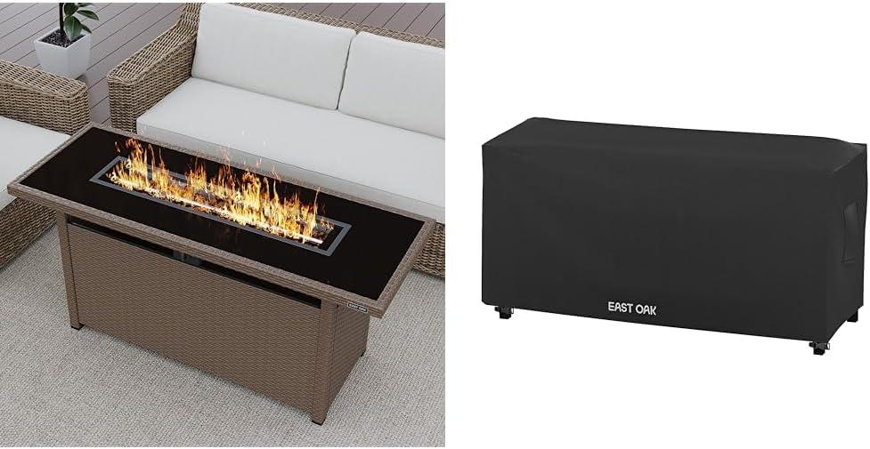 EAST OAK 57" Gas Fire Pit Table, 60,000 BTU Propane Fire Pit w/Large Tempered Glass Desktop & Fire Pit Table Cover for Outdoor Propane Fire Pit Table, 600D Heavy Duty Fabric