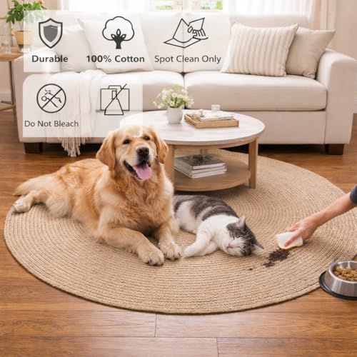 Image of Cotton Round Carpet 4x4 feet - Handmade Braided Boho Rug for Living Room, Bedroom & Balcony - Soft Washable Floor Mat, Color -Beige Solid