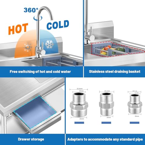 Image of 40 Inch Stainless Steel Utility Sink,Free Standing, Equipped With Hot and Cold Water Pipes, Workbench Drawers for Storage,Suitable for Kitchen, Bathroom, Farmhouse, and Outdoor Sinks.