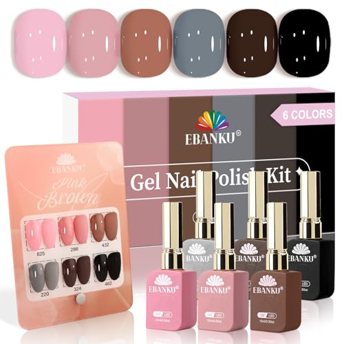 EBANKU 6 Colores 15ML Esmaltes Semipermanentes para Uñas, Nude Rosa Negro Blanco Marrón Esmalte en Pintauñas gel semipermanente Soak Off UV LED para Manicura Casera Salón
