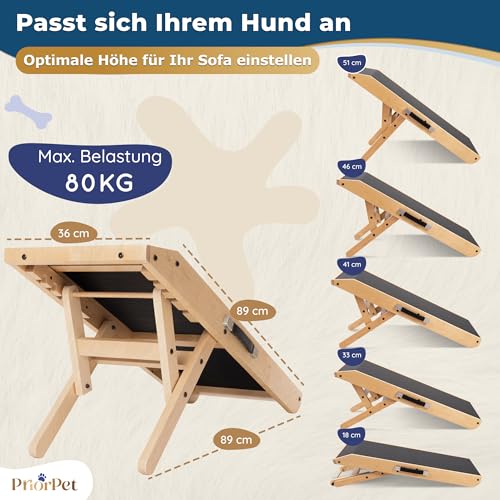 Hunderampe - Hundetreppe für kleine Hunde und große Hunde - Einstellbar 18-53 cm - Für Bett Sofa - Birkenholz - Landeplattform schließt nahtlos an - Rampe Hund Klappbar - Anti-rutsch Einsatz Naturel