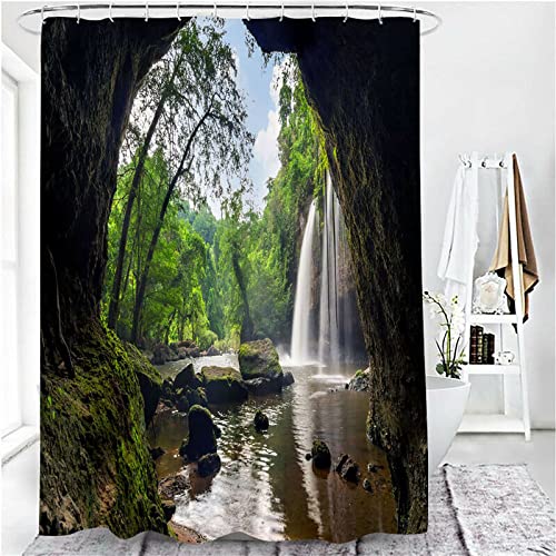 4-teiliges Duschvorhang-Set -- Natur-Wasserfall-Landschaft -- mit rutschfestem Teppich, Toilettendeckelabdeckung Badematte wasserdichtem Duschvorhang für Badeduschvorhang für Badezimmer 180X180 CM – Bild 3