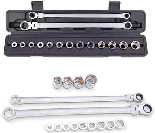 Juego de llaves de trinquete ajustables, juego de 15 piezas, acero al cromo vanadio, ajustable en 180 grados, grado industrial