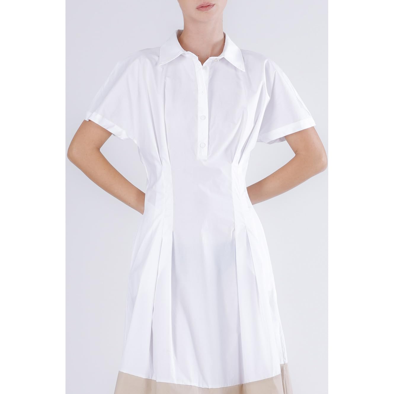 CAFèNOIR - Abito Bicolor con Manica Ad Aletta, Vestito in Comodo Cotone, da Donna, Colore Bianco/Sabbia