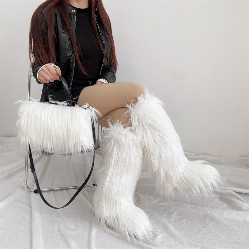 SIFINELAR Women's Knee High Boots With Fur Bags for Women, Womens Faux Fur Boots Warm Snow Fuzzy Fluffy Boots Tall Winter Boots Outdoor Indoor Flat Shoes2