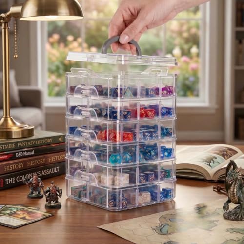 Image of PUGED DND Dice Storage Box with Removable Dividers Polyhedral Dice Plastic Organizer Holding Up To 1800 Dices Craft Bead Compartment Container for Sewing, Jewelry, Art, DIY (6 layers)