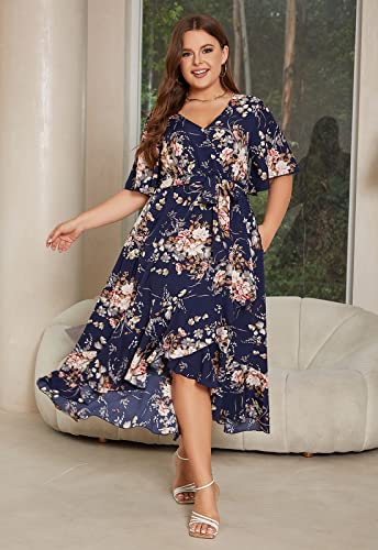 Image of Keluummi Plus Size Maxi Dress for Women V-Neck Floral Empire Waist 3 /4 Sleeve with Pockets
