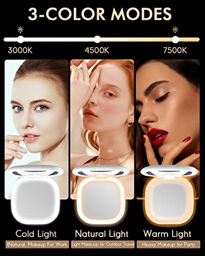 Lighted Compact Mirror For Purses: Mini Travel Magnifying Mirrors With Auto-Off Light Pocket Size Make Up Mirror For Purse Folding Rechargeable Vanity Makeup Mirror Dimmable 3 Colors For Home Office #TOP2
