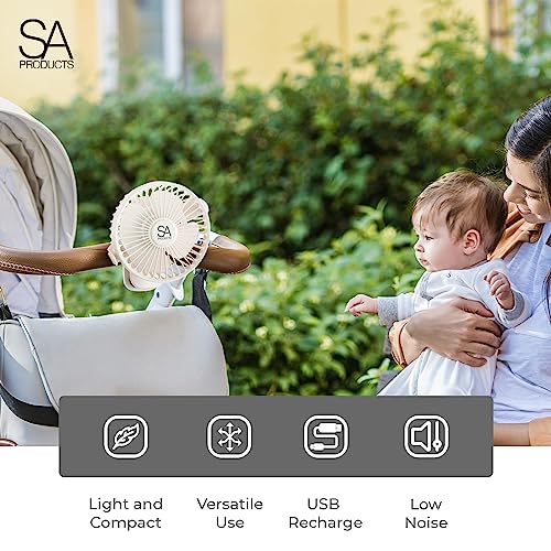 SA Products Clip On Fan, Desk Fan, Stroller Fan 3 Speeds | Desk Fan USB, Small Fan Portable Fan with 360° Rotation Cooling fan | 3000 mAh Battery Fan Pram Fan Clip On | USB Fan Baby Fan for Pram White