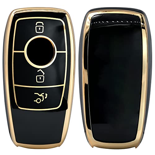 Image of KMH TPU Gold Car Smart Key Cover Compatible for Mercedes Benz E Series and S Series 3 Push Button Smart Key Shell Case Holder, Key Protector (Black with Gold) Pack of 2